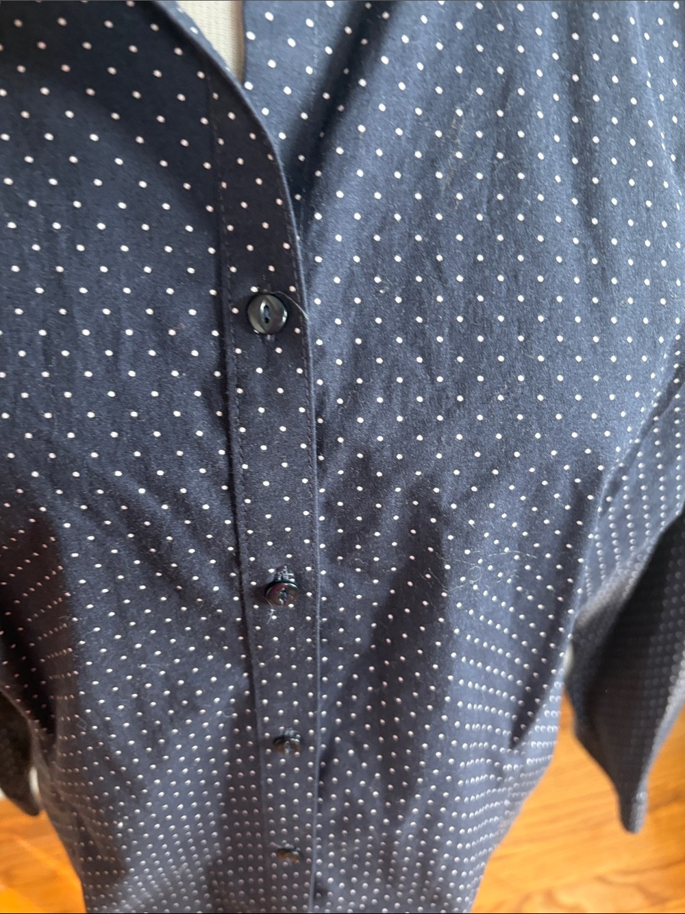 Eddie Bauer Navy Blue Button-Down Shirt with White Micro Dots - Picture 3 of 5